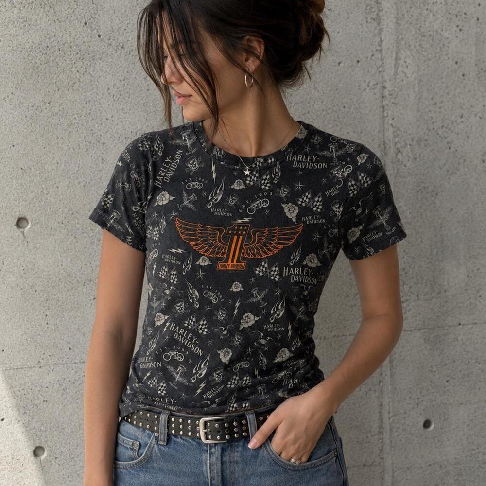Harley Davidson All Over Graphic Tee Crystal River Black- size small